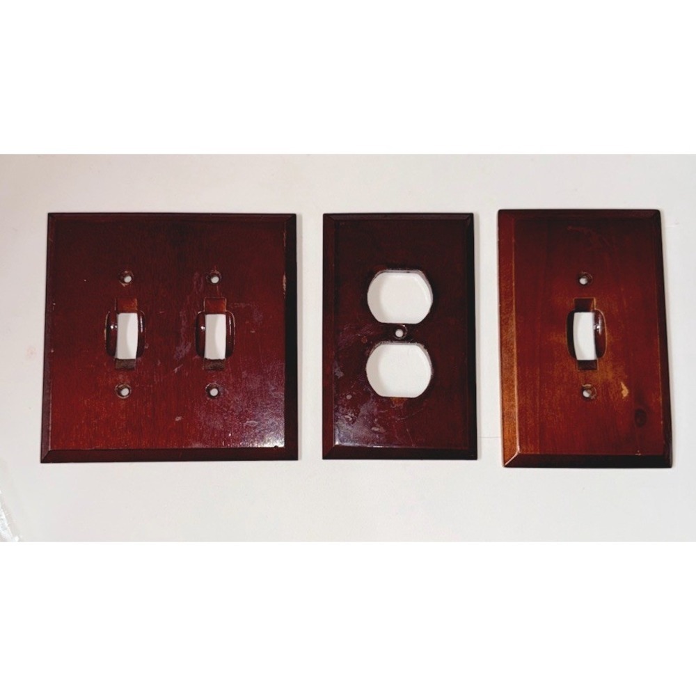 Vintage Wood Light Switch Plate Cover Set 3pc Cherry Mahogany Finish Beveled
